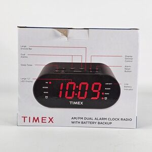 Timex T232B AM/FM Dual Alarm Clock Radio Digital Tuner Battery Backup Red LED